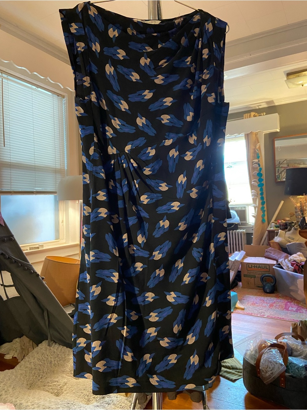 Diane Von Furstenberg Black Midi Dress with Blue & Cream Abstract Print